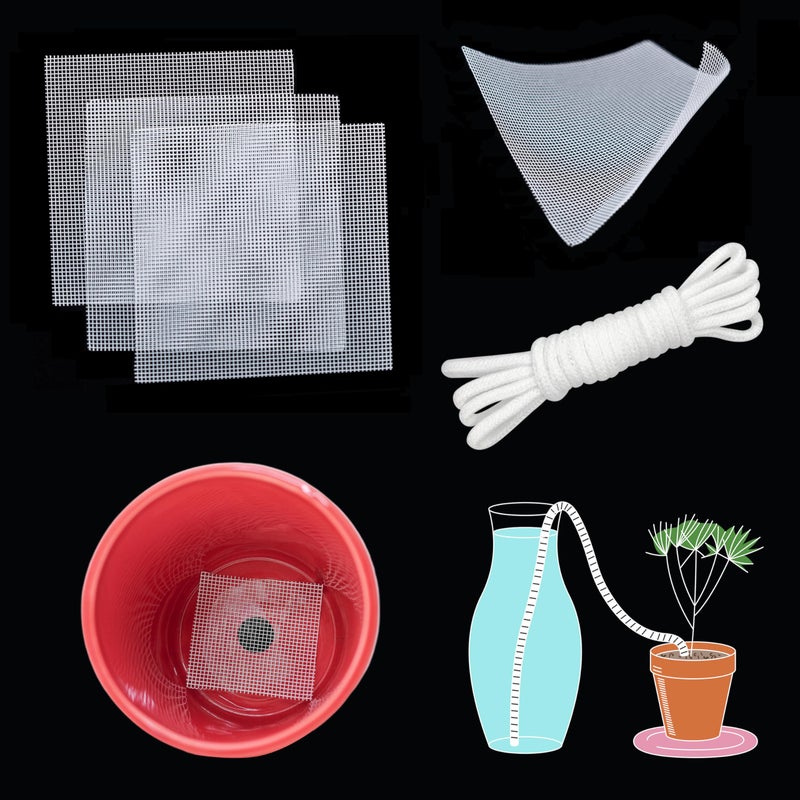 ORIMERC 50 Pcs Plant Pot Bottom Hole 4" Mesh Pad, Keep Soil from Falling Out Drainage Hole, Square Potted Bonsai Succulent Flower Planter Grid Mat Screen Gardening Gasket Cover, with 30ft Self Watering Rope - Image 1